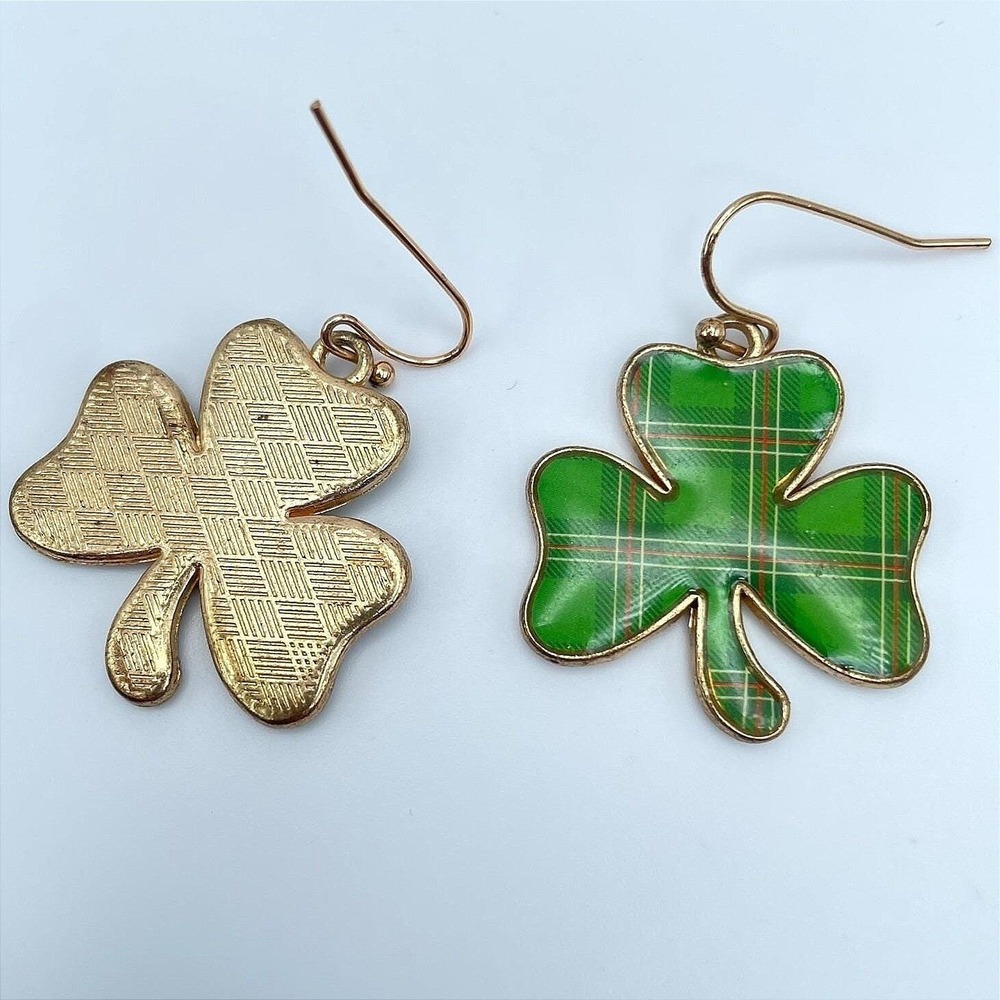 Vintage Green Plaid Shamrock Earrings Gold Tone Tartan Clover Irish St Patrick's
